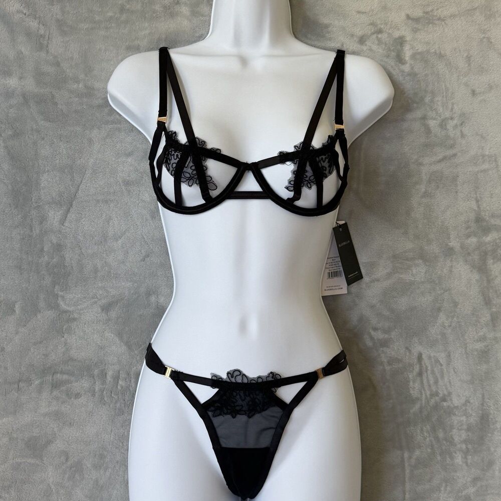 Bluebella Sierra Lingerie Set Black Cutout Lace Bra 32C /Thong XS NWT